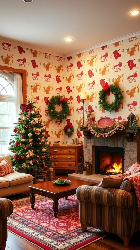Living room with western-themed Christmas wallpaper featuring cowboy hats and snowflakes, decorated for the holidays.